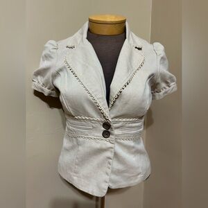 Vintage XOXO cropped blazer jacket L tan embroidered trim tailored cut in Y2K